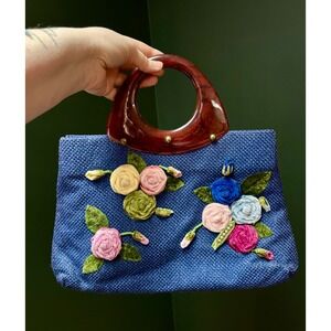 Vintage Top Handle Plastic Brown Tortoise Shell 3D Flower Mid Century Handbag‎